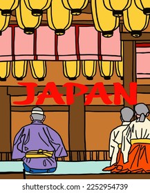 Vector illustration of Asian illustration of Japanese traditional view. Red inscription of Japan. Guide on  Japan. Japanese symbols. 