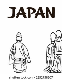 Vector illustration of Asian illustration of Japanese traditional view. Geisha in traditional suit - kitsuke. Inscription of Japan. Guide on  Japan. Japanese symbols. 