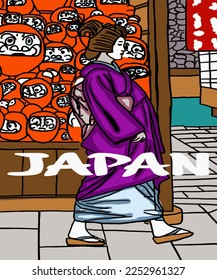 Vector illustration of Asian illustration of Japanese traditional view. Geisha in traditional suit - kitsuke. Inscription of Japan. Guide on  Japan. Japanese symbols. 