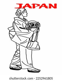 Vector illustration of Asian illustration of Japanese traditional view. Geisha in traditional suit - kitsuke. Inscription of Japan. Guide on  Japan. Japanese symbols. 