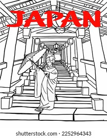 Vector illustration of Asian illustration of Japanese traditional view. Geisha in traditional suit - kitsuke. Inscription of Japan. Guide on  Japan. Japanese symbols. 