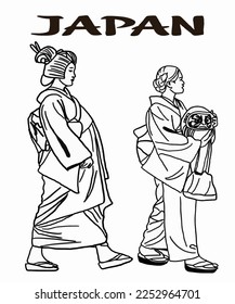 Vector illustration of Asian illustration of Japanese traditional view. Geisha in traditional suit - kitsuke. Inscription of Japan. Guide on  Japan. Japanese symbols. 