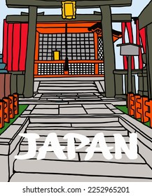 Vector illustration of Asian illustration of Japanese traditional view. Red inscription of Japan. Guide on  Japan. Japanese symbols. 