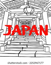 Vector illustration of Asian illustration of Japanese traditional view. Red inscription of Japan. Guide on  Japan. Japanese symbols. 