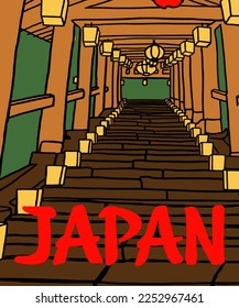 Vector illustration of Asian illustration of Japanese traditional view. Red inscription of Japan. Guide on  Japan. Japanese symbols. 