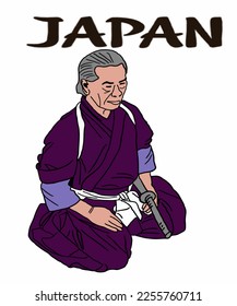 Vector illustration of Asian illustration of Japanese traditional view. Samurai in traditional suit - kitsuke and kamishimo. Inscription of Japan. Guide on  Japan. Japanese symbols.