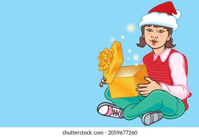 Vector illustration of asian little girl with surprised face opening magical gift boxes, shiny stars, wishes, happy holidays, isolated on blue blackground, Merry Christmas, Happy New Year concept.