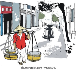 Vector illustration of Asian man carrying food baskets, Hanoi, Vietnam