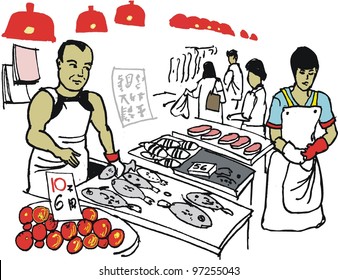 Vector illustration of Asian man at fish market, Hong Kong