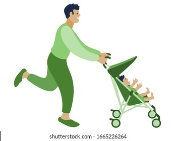 Vector Illustration Of An Asian Man Running With An Infant Stroller. A Dad Pushing An Umbrella Stroller With A Child In It, The Child Is Upset, Screaming Throwing A Tantrum.