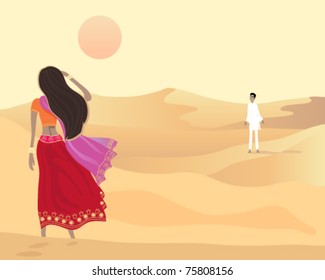 vector illustration of an asian man and woman walking towards each other through the desert in eps 10 format.