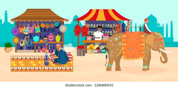 Vector illustration of Asian market with different stores and people. Elephant with rider, Taj Mahal silhouette, souvenir shop, pottery, carpets, fabrics, spices, man smoking hookah.