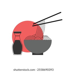 Vector illustration of Asian noodles with chopsticks and soy sauce. Hot dishes. Icons of dishes.