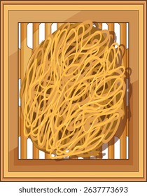 Vector illustration of Asian noodles resting on a bamboo tray. Warm colors and intricate lines create a harmonious composition