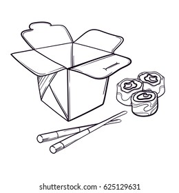 Vector illustration of an Asian restaurant opened to take out a box filled with sushi and chopsticks.