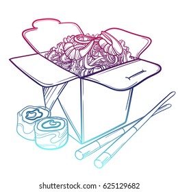 Vector illustration of an Asian restaurant opened to take out a box filled with noodles, shrimp, sushi and chopsticks.