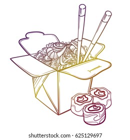 Vector illustration of an Asian restaurant opened to take out a box filled with noodles, shrimp, sushi and chopsticks.