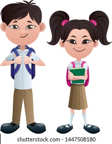 Vector illustration of Asian schoolboy and schoolgirl. 