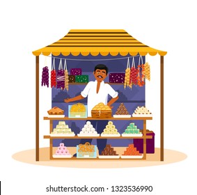 Vector illustration of Asian street sweets shop with seller in flat cartoon style. Traditional sweets.