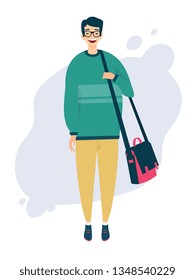 Vector illustration. Asian student with a bag on his shoulder and glasses - flat design. Design template celebration.