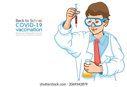 Vector illustration of Asian students in white gown doing chemistry experiments, holding syringe turned into pencil, Vaccination combined with learning,Safety,COVID-19 vaccination,School Reopening.