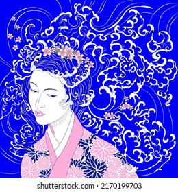 Vector illustration in Asian style. A geisha with waves instead of hair and cherry blossoms. in a kimono with an ornament of chrysanthemums. (text translation - geisha)