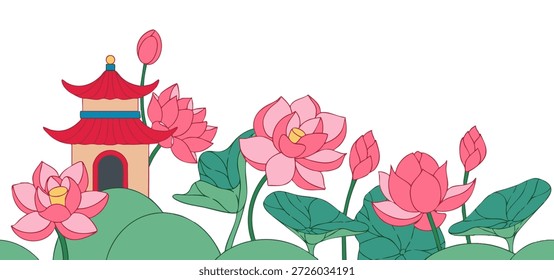 Vector illustration in Asian style. Seamless frame with a pagoda and lotus. Cute frame for children.