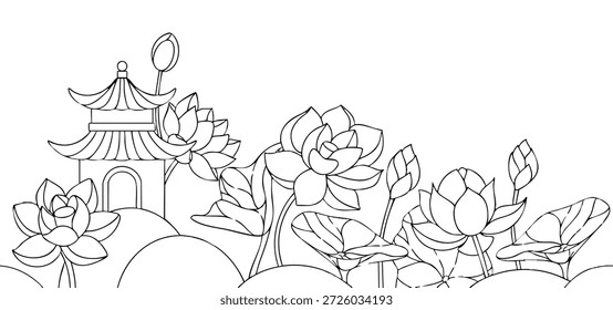 Vector illustration in Asian style. Seamless frame with a pagoda and lotus. Cute frame for children. Coloring book
