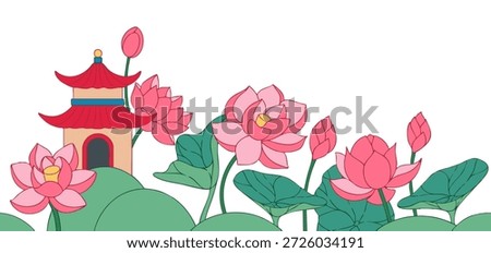 Vector illustration in Asian style. Seamless frame with a pagoda and lotus. Cute frame for children.