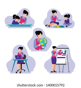 Vector Illustration of asian teacher or mother or women career teach science homework presentation with globe and laptop while playing puzzle with a girl or daughter at work or home