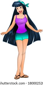 Vector illustration of an asian teenage girl in tanktop and short pants. 