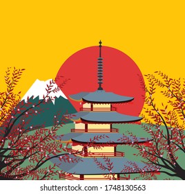 vector Illustration with an Asian temple and Mount Fuji in Japan. Autumn season with cherry blossom. Fujiyoshida