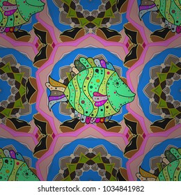 Vector illustration. In asian textile style on pink, blue and green colors. Floral seamless pattern with watercolor flowers.
