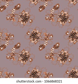 Vector illustration. In asian textile style on gray, brown, neutral, beige and white colors. Seamless flowers pattern.