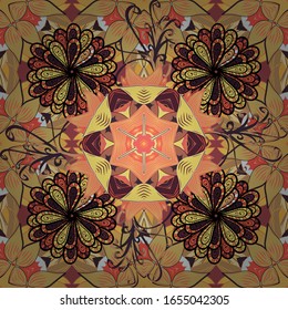 Vector illustration. In asian textile style. Vector illustration. Flowers on beige, orange and yellow colors. Seamless flowers pattern.