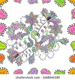 Vector illustration. In asian textile style on green, neutral and white colors. Seamless flowers pattern.