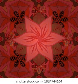 Vektorgrafik. Vektorgrafik. Im asiatischen Textil. Blumen auf Rot, Orange und Braun. Nahtlose Blumenmuster.