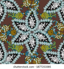 Vector illustration. In asian textile style. Vector illustration. Flowers on brown, black and white colors. Seamless flowers pattern.