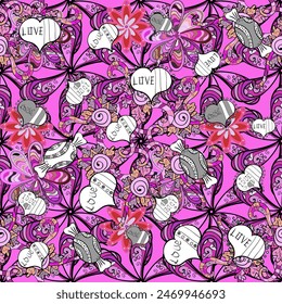 Ilustración vectorial. En estilo textil asiático en colores rosa, negro y neutro. Patrón de flores sin costura.