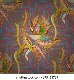 Vector illustration. In asian textile style on colorful background. Seamless flowers pattern.