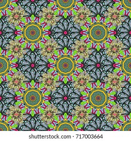 Vector illustration. In asian textile style. Flowers on blue, black and gray colors. Colour Spring Theme seamless pattern Background. Seamless flowers pattern. Flat Flower Elements Design.