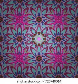 Vector illustration. In asian textile style on blue, purple and violet colors. Seamless flowers pattern.