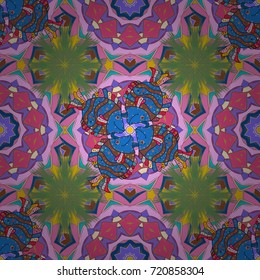 Vector illustration. In asian textile style. Colour Spring Theme seamless pattern Background. Flowers on pink, green and blue colors. Flat Flower Elements Design. Seamless flowers pattern.