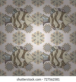 Vector illustration. In asian textile style on neutral, beige and gray colors. Seamless flowers pattern.