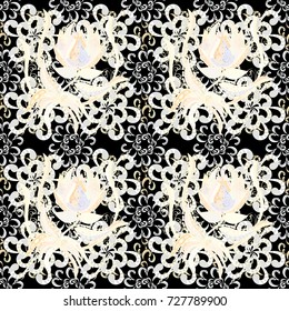 Vector illustration. In asian textile style on black, neutral and gray colors. Seamless flowers pattern.