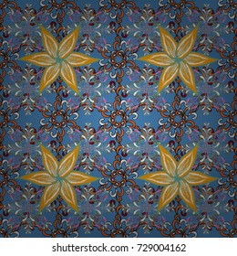 Vector illustration. In asian textile style. Seamless flowers pattern. Flowers on blue, neutral and yellow colors. Vector illustration.