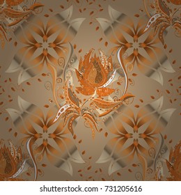 Vector illustration. In asian textile style. Vector illustration. Flowers on beige, orange and brown colors. Seamless flowers pattern.
