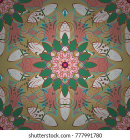 Vector illustration. In asian textile style on neutral, pink and green colors. Seamless flowers pattern.