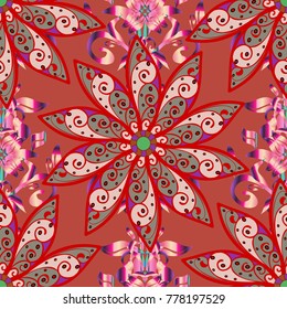 Vector illustration. In asian textile style on pink, red and beige colors. Floral seamless pattern with watercolor flowers.