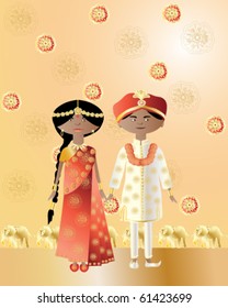 vector illustration of an asian wedding couple in intricately decorated traditional dress in eps10 format